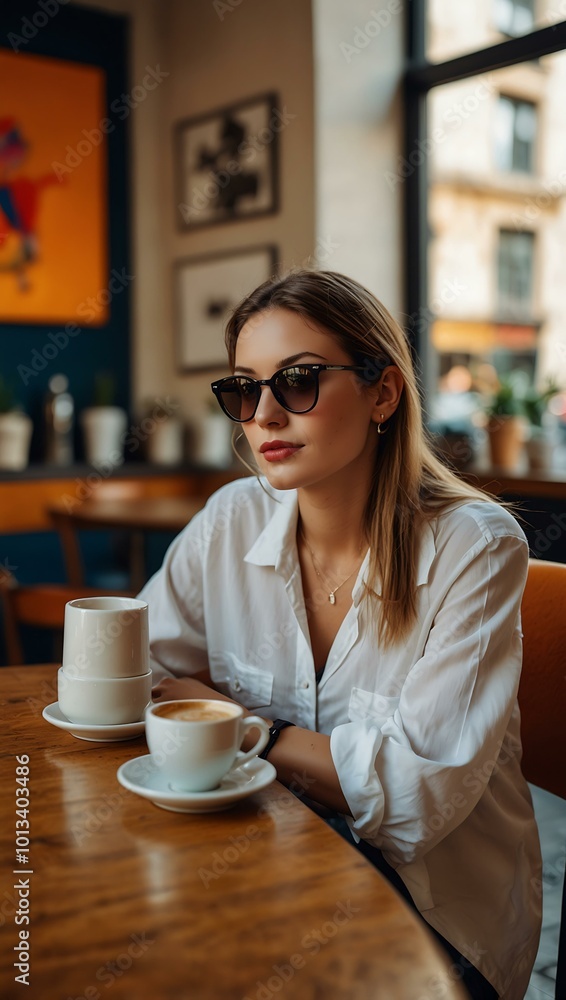 Fashionable woman sipping coffee in a vibrant urban café scene. Fashionable woman sipping coffee in a vibrant urban café scene.