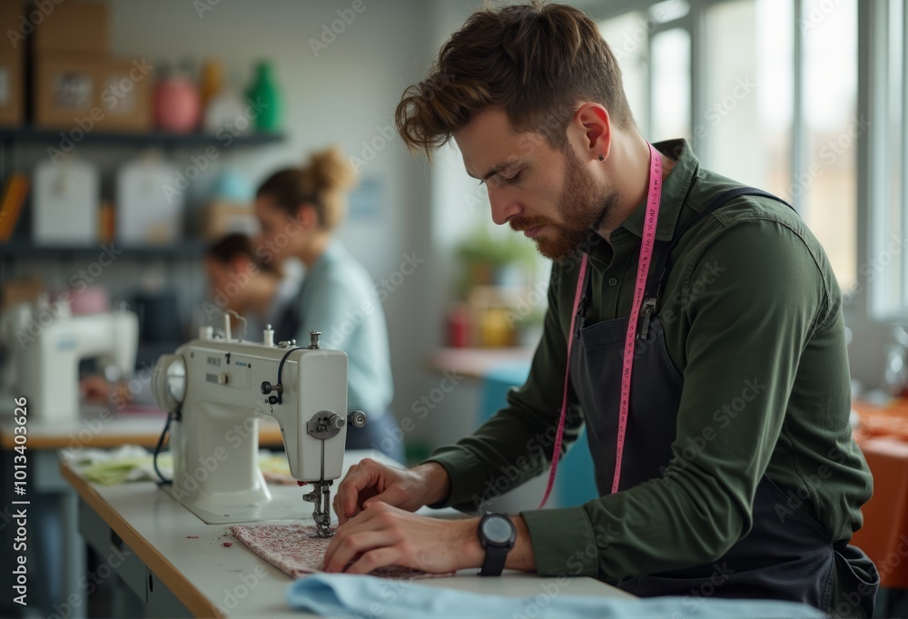 A focused tailor works on fabric with a sewing machine in a well-organized workshop, surrounded by tools and materials. A focused tailor works on fabric with a sewing machine in a well-organized workshop, surrounded by tools and materials.