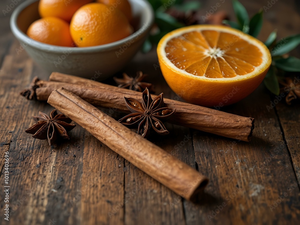 Festive arrangement of cinnamon sticks, star anise, and dried oranges on a rustic table. Festive arrangement of cinnamon sticks, star anise, and dried oranges on a rustic table.