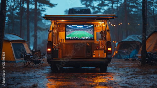 Friends are watching a live game on a smart TV in the back of a camping SUV.