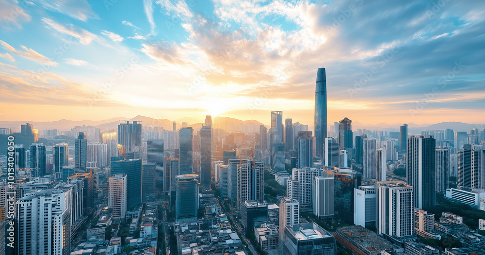 Fototapeta premium Aerial View of City Skyline and High-Rise Buildings Under Blue Sky and White Clouds