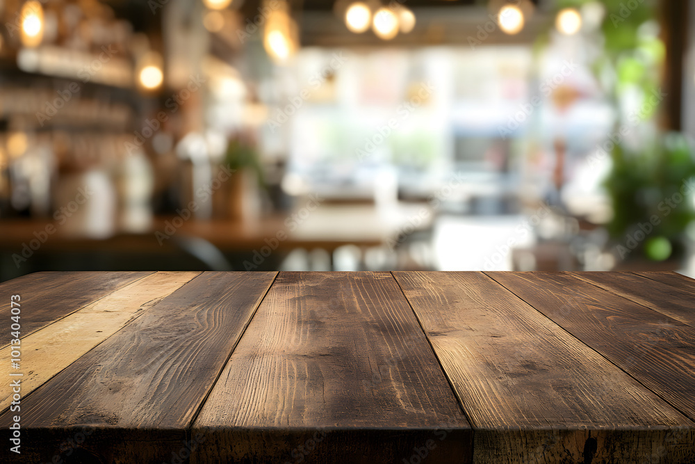 Empty wooden table top with a blurred bokeh background design of a coffee shop interior, suitable for a product display montage design Empty wooden table top with a blurred bokeh background design of a coffee shop interior, suitable for a product display montage design