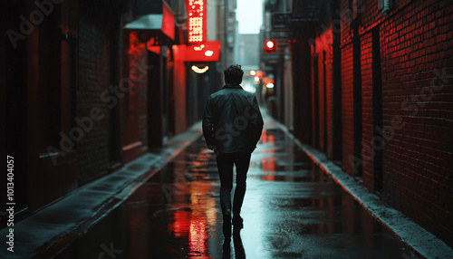 Shoot in a narrow alley after a rainstorm, capturing reflections of neon signs or street lamps in the wet pavement, while the person is framed walking away or with their back turned for a cinematic fe