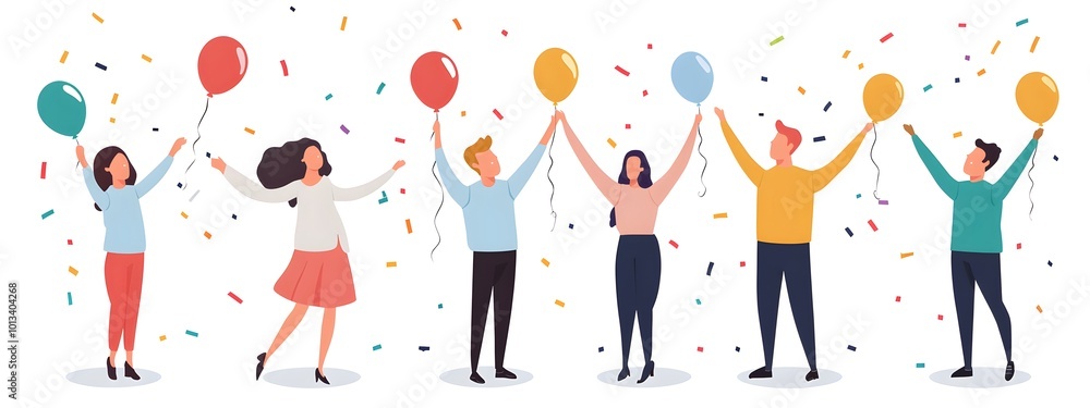 Happy team celebrating birthday together, vector illustration on a white background, in a minimalist style, with a flat design Happy team celebrating birthday together, vector illustration on a white background, in a minimalist style, with a flat design