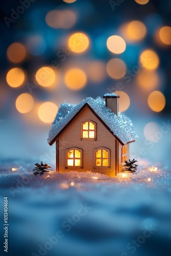 miniature wooden house standing proudly in the snow at twilight, glowing softly with lights from within. Behind it, a bokeh effect of blurred Christmas decorations