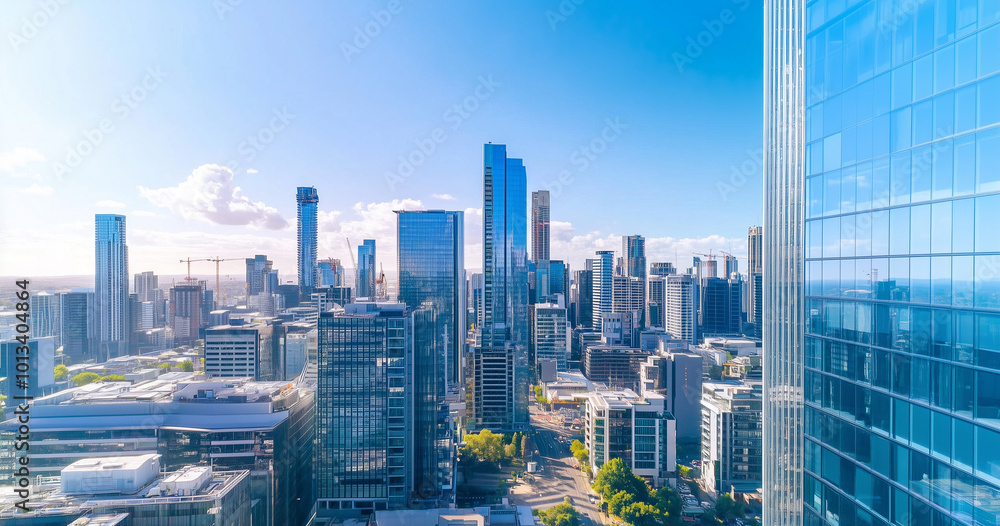 Fototapeta premium Aerial View of City Skyline and High-Rise Buildings Under Blue Sky and White Clouds
