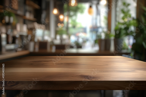 Empty wooden table top with a blurred bokeh background design of a coffee shop interior, suitable for a product display montage design