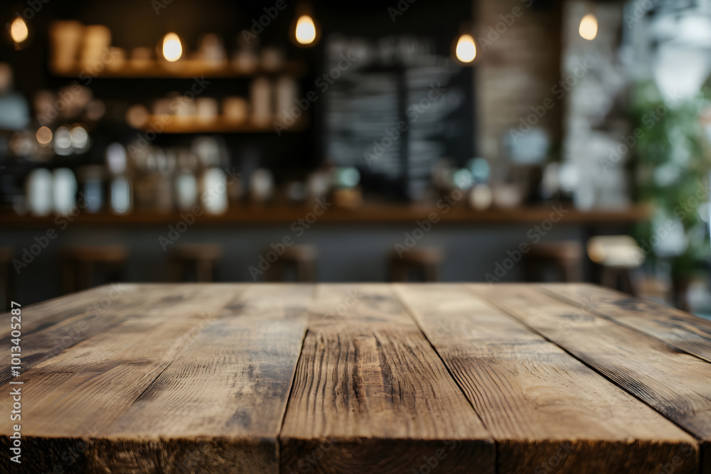 Empty wooden table top with a blurred bokeh background design of a coffee shop interior, suitable for a product display montage design Empty wooden table top with a blurred bokeh background design of a coffee shop interior, suitable for a product display montage design