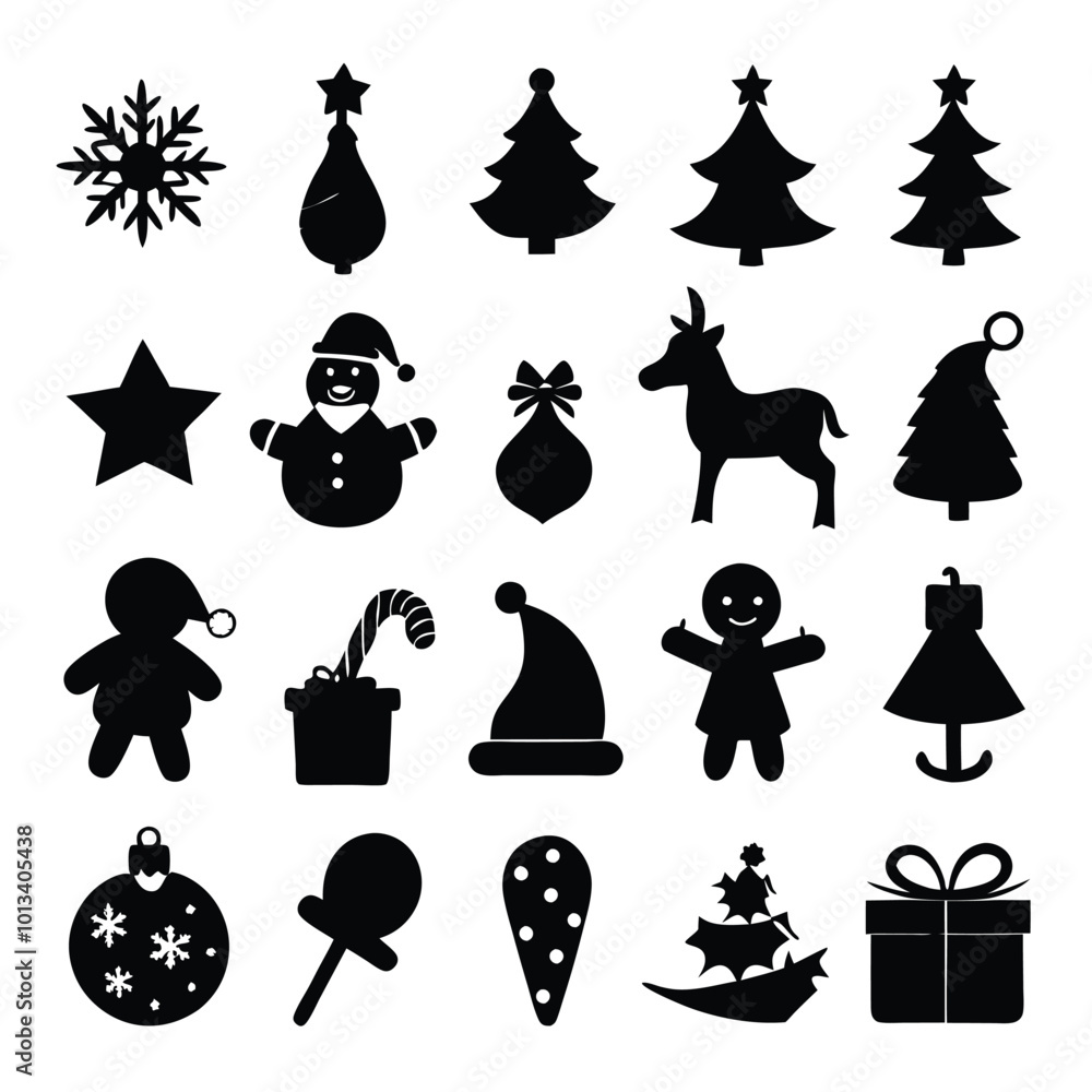 This Christmas silhouette vector design includes a variety of festive icons perfect for holiday decorations, cards, and digital projects. Ideal for creating elegant seasonal graphics and prints. This Christmas silhouette vector design includes a variety of festive icons perfect for holiday decorations, cards, and digital projects. Ideal for creating elegant seasonal graphics and prints.