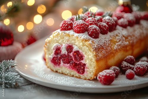 Christmas Raspberry Cake Roll adorned with fresh berries and a sprinkle of powdered sugar