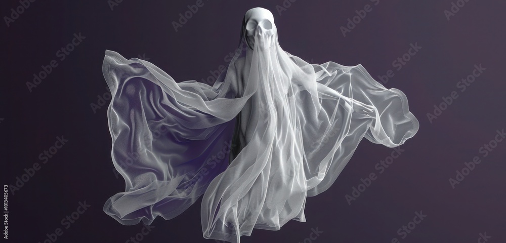 A realistic floating ghost decoration, made of gauzy white fabric, suspended against a dark purple background. Its form is slightly blurred at the edges to enhance its ethereal quality. A realistic floating ghost decoration, made of gauzy white fabric, suspended against a dark purple background. Its form is slightly blurred at the edges to enhance its ethereal quality.