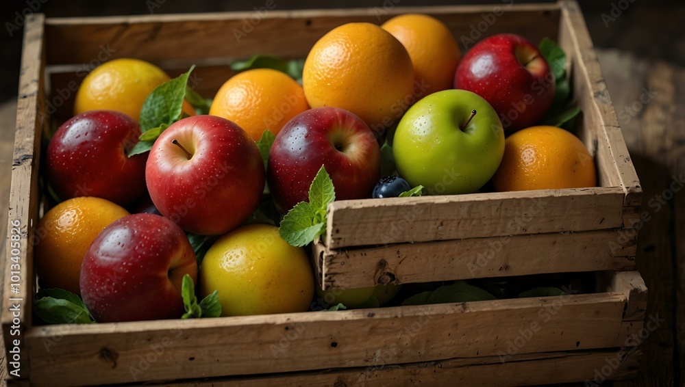 Freshly picked organic fruits beautifully displayed in a rustic crate. Freshly picked organic fruits beautifully displayed in a rustic crate.
