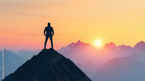 Visionary Leadership: A figure standing on a mountaintop, gazing into the horizon as the sun rises, symbolizing visionary leadership and the ability to see beyond the present towards future possibilit