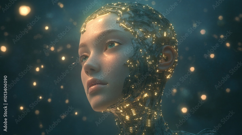 Futuristic cyborg girl with metallic features and machine cables. Futuristic cyborg girl with metallic features and machine cables.