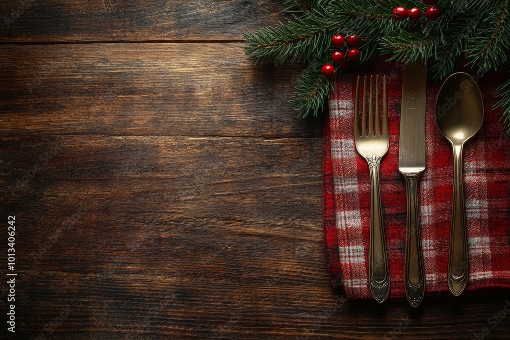 Top-down view of a rustic wooden table, featuring a beautifully arranged cutlery set. Top-down view of a rustic wooden table, featuring a beautifully arranged cutlery set.