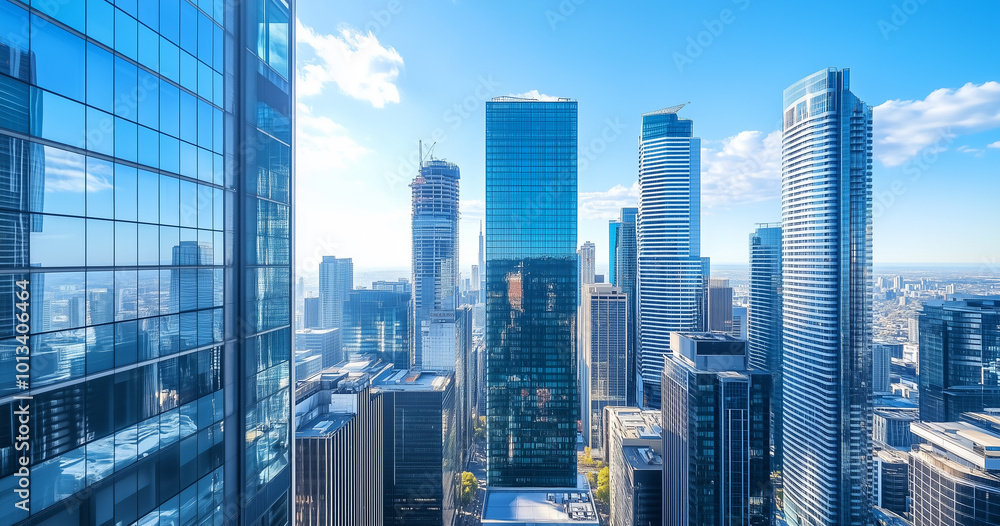 Obraz premium City Skyline and Skyscrapers Under Blue Sky and White Clouds Aerial View