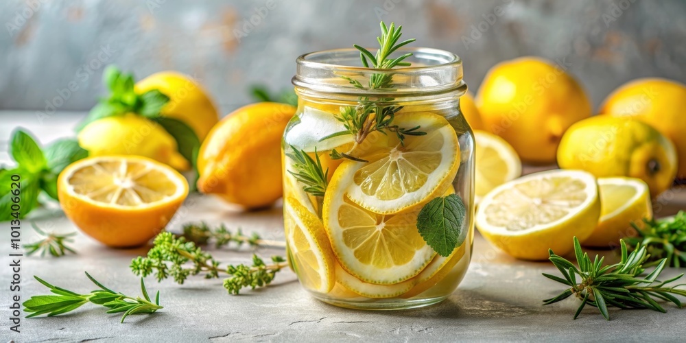 Marinated lemons with herbs in a glass jar