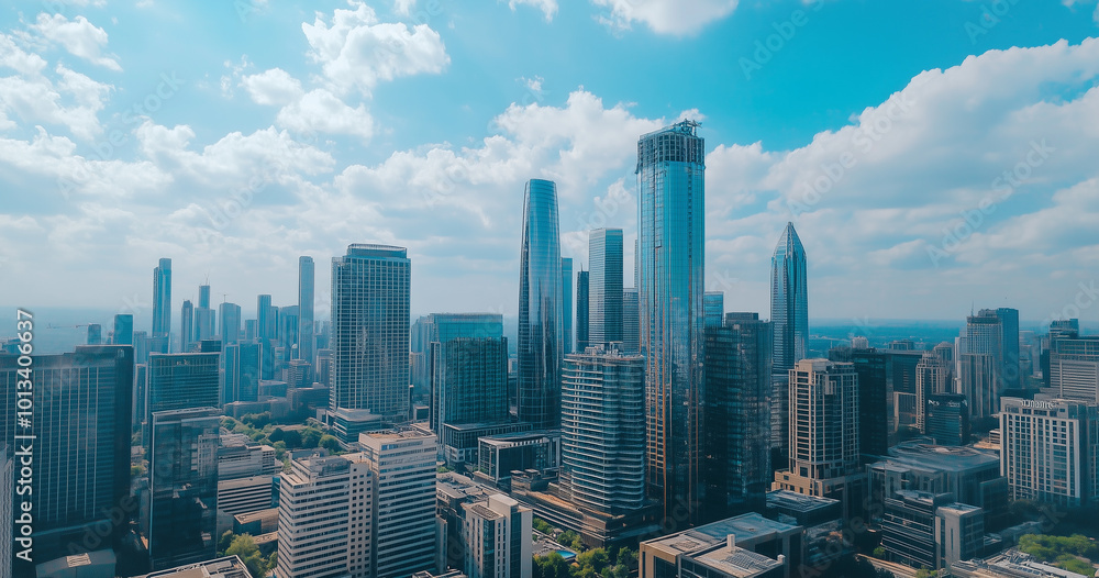 Fototapeta premium City Skyline and Skyscrapers Under Blue Sky and White Clouds Aerial View