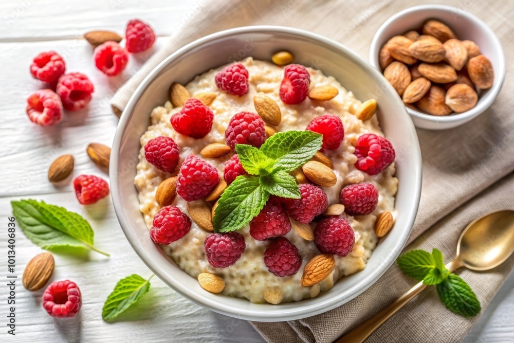 Oatmeal with fresh raspberries and nuts Oatmeal with fresh raspberries and nuts