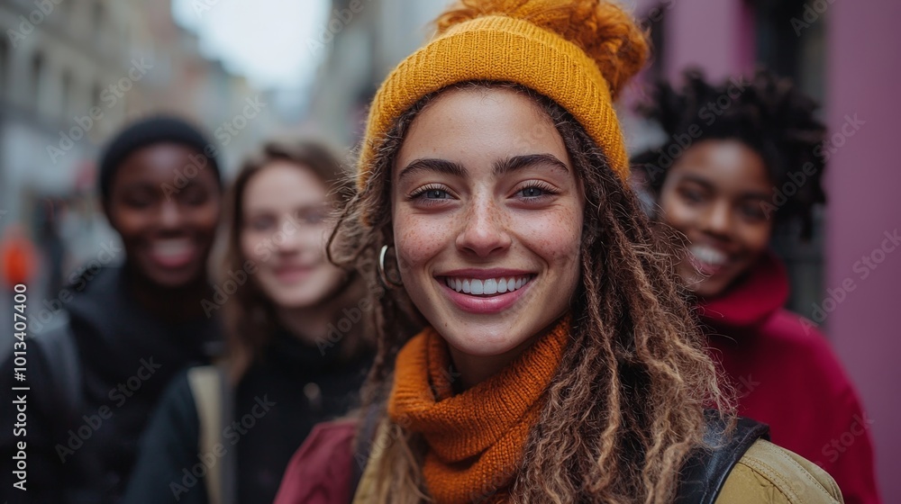 A group of friends smiling together outdoors, showcasing joy and camaraderie. A group of friends smiling together outdoors, showcasing joy and camaraderie.