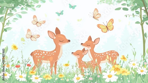 In a field of blooming flowers, deer are grazing with a butterfly against a white background