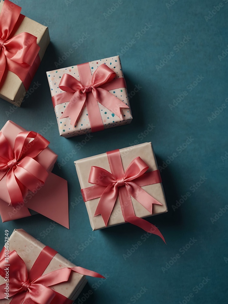 Gift boxes with pink ribbons are displayed against a blue background. Gift boxes with pink ribbons are displayed against a blue background.