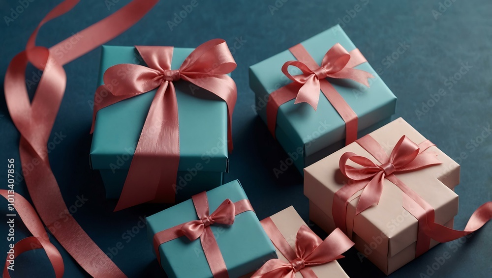 Gift boxes with pink ribbons are featured against a blue backdrop. Gift boxes with pink ribbons are featured against a blue backdrop.