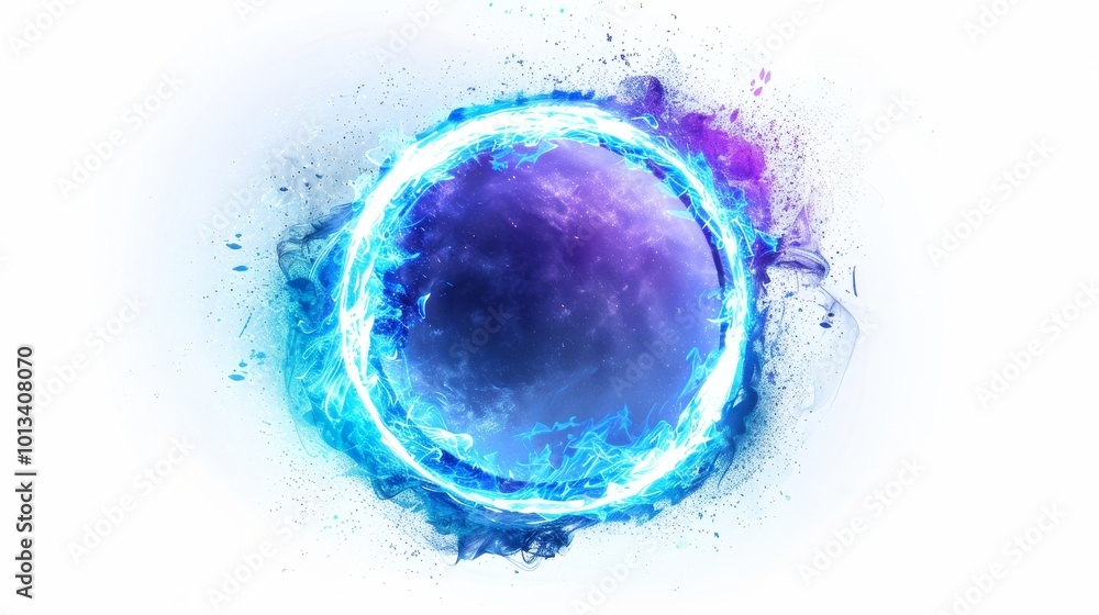 Fototapeta premium Flat shaded 2d game art blue circular glow with purple center on white background