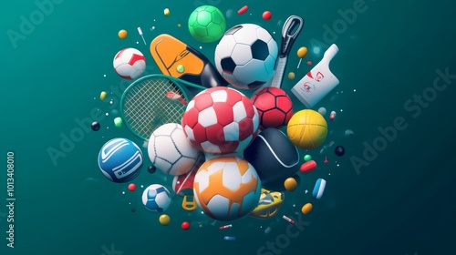 vibrant sports-themed background featuring a circular arrangement of sports balls like football, basketball, volleyball, rugby, and tennis, 