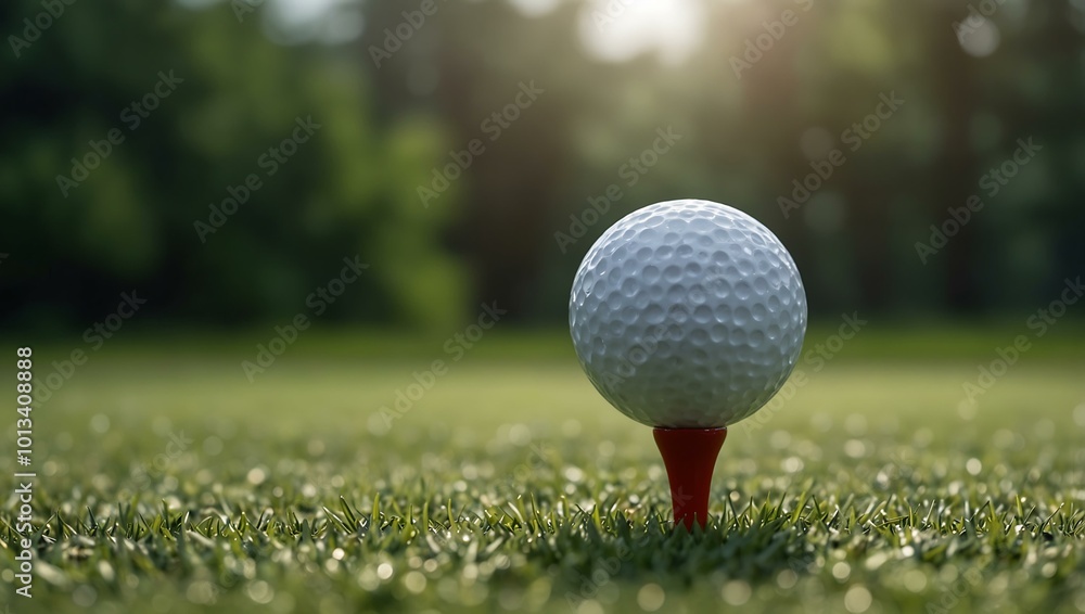 Golf ball on tee with hazy green backdrop. Golf ball on tee with hazy green backdrop.