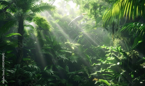 Tropical rainforest canopy alive with the calls of toucans and the rustling of exotic plants, sunlight filtering through dense foliage, 4K hyperrealistic photo