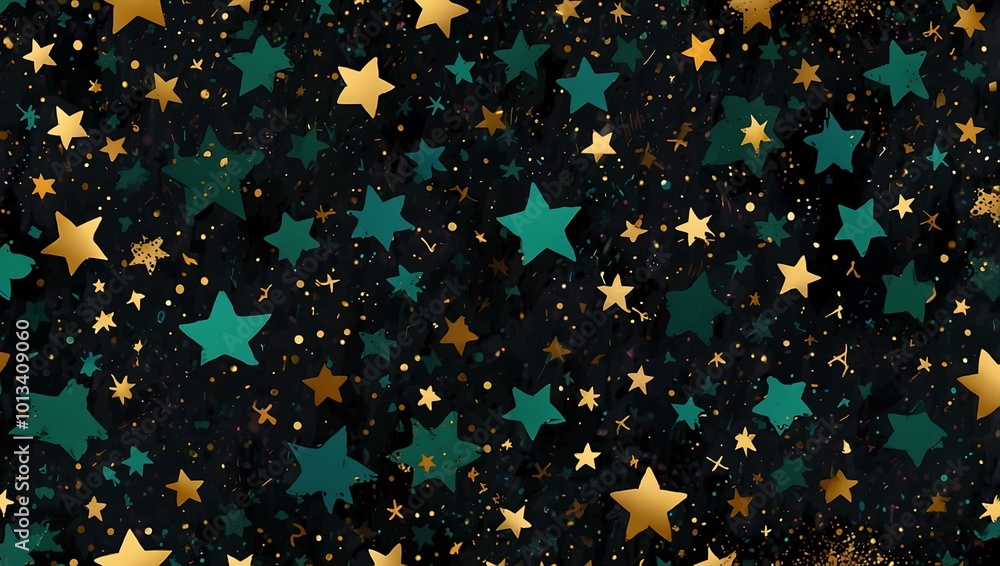 Green confetti and gold stars on a dark patterned background for festive textile design. Green confetti and gold stars on a dark patterned background for festive textile design.
