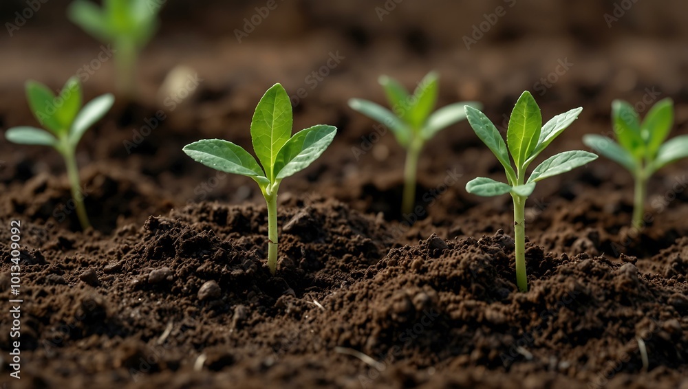 Green seedlings emerging from rich soil, symbolizing new beginnings. Green seedlings emerging from rich soil, symbolizing new beginnings.