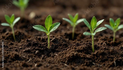 Green seedlings emerging from rich soil, symbolizing new beginnings.