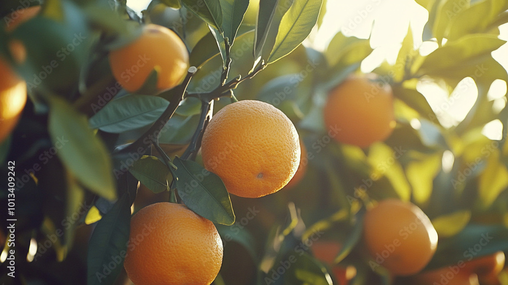 Sunlit orange orchard with ripe oranges on lush green branches. A peaceful citrus grove at harvest season Sunlit orange orchard with ripe oranges on lush green branches. A peaceful citrus grove at harvest season