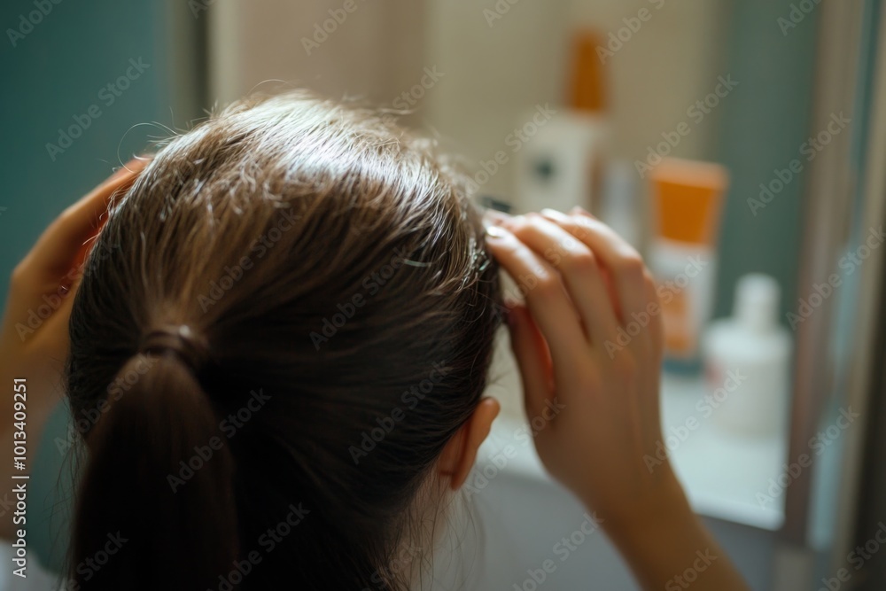Woman Arranging Her Hair in Front of the Mirror Woman Arranging Her Hair in Front of the Mirror