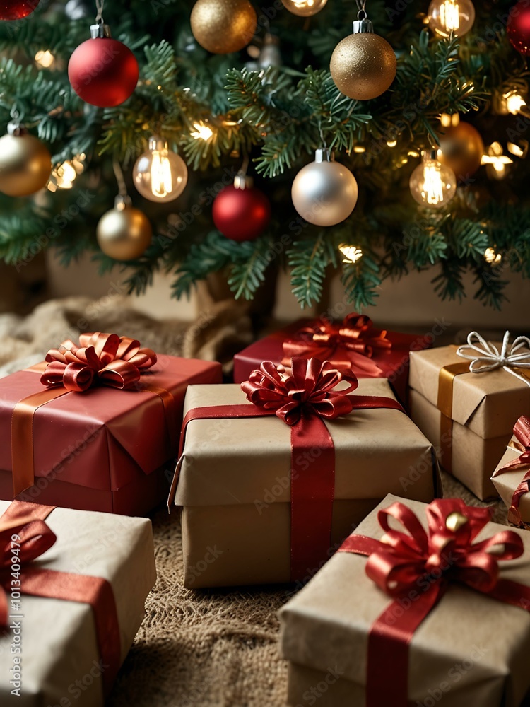 Group of wrapped Christmas gifts under a tree with festive lighting. Group of wrapped Christmas gifts under a tree with festive lighting.