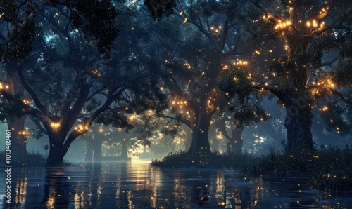 Tree Canopy Retreat: Twilight Firefly Grove, 4K hyperrealistic photo