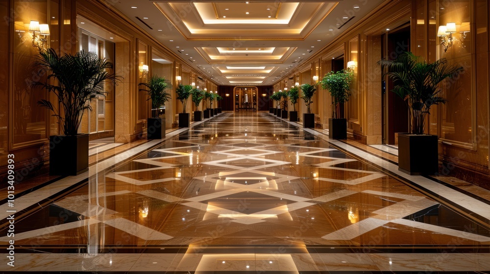 Elegant hotel corridor showcasing polished marble flooring and potted greenery under warm ambient lighting. Generative AI Elegant hotel corridor showcasing polished marble flooring and potted greenery under warm ambient lighting. Generative AI