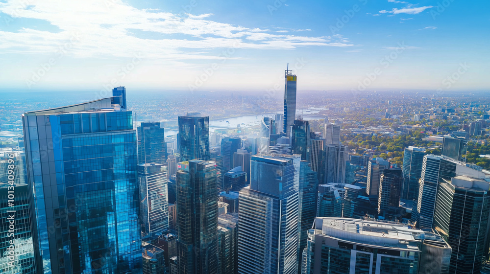 Obraz premium Aerial View of City Skyline and High-Rise Buildings Under Blue Sky and White Clouds
