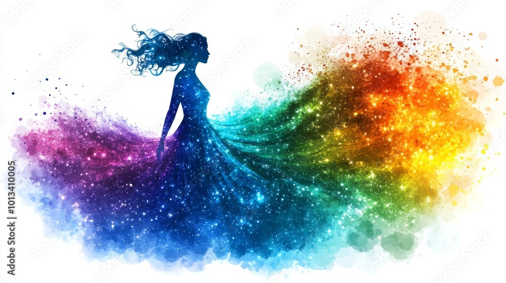 Obraz premium Woman Silhouette with Glittering Rainbow Watercolor Dress