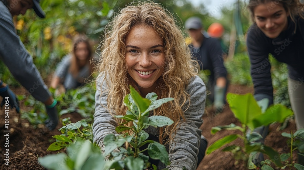 A group of people gardening, focusing on planting young plants in a lush environment. A group of people gardening, focusing on planting young plants in a lush environment.
