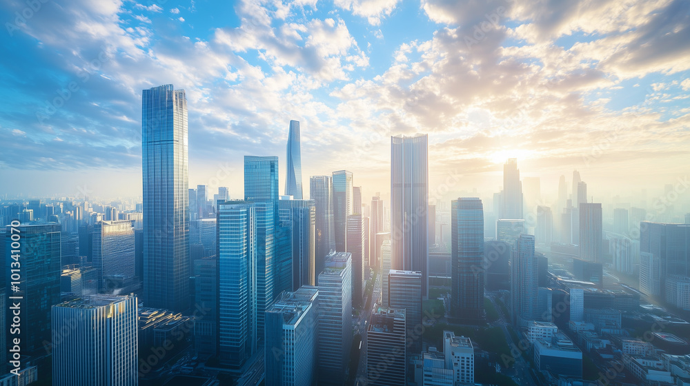 Aerial View of City Skyline and High-Rise Buildings Under Blue Sky and White Clouds Aerial View of City Skyline and High-Rise Buildings Under Blue Sky and White Clouds