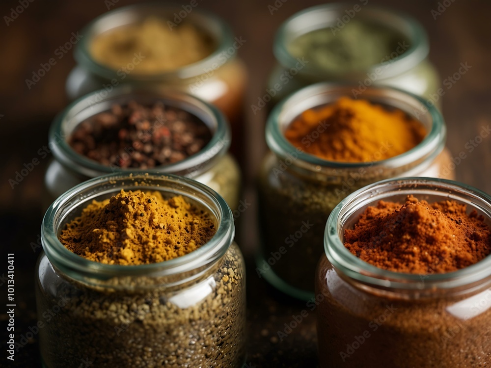 Handcrafted spice jars showcasing freshly ground spices and earthy tones, with depth of field. Handcrafted spice jars showcasing freshly ground spices and earthy tones, with depth of field.