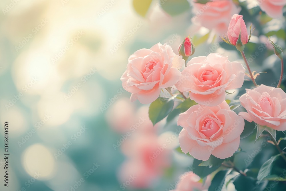Beautiful soft pink roses in a serene garden setting. This floral image conveys calmness and joy. Perfect for art, decoration, and nature themes. Generative AI Beautiful soft pink roses in a serene garden setting. This floral image conveys calmness and joy. Perfect for art, decoration, and nature themes. Generative AI