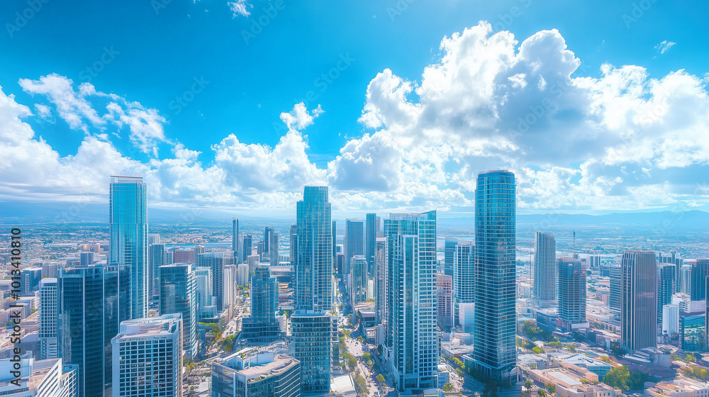 Fototapeta premium City Skyline and Skyscrapers Under Blue Sky and White Clouds Aerial View