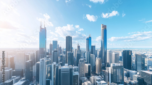 City Skyline and Skyscrapers Under Blue Sky and White Clouds Aerial View