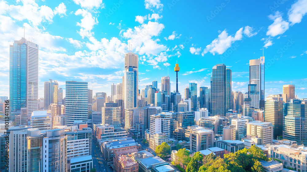 Fototapeta premium City Skyline and Skyscrapers Under Blue Sky and White Clouds Aerial View