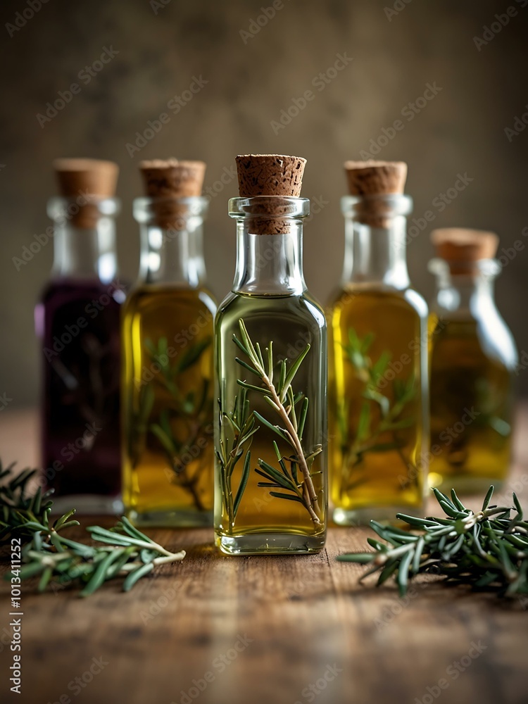 Herb-infused oils featuring fresh rosemary and thyme, with depth of field. Herb-infused oils featuring fresh rosemary and thyme, with depth of field.