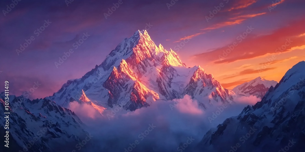 Obraz premium Dramatic mountain peak with colorful clouds at sunset.